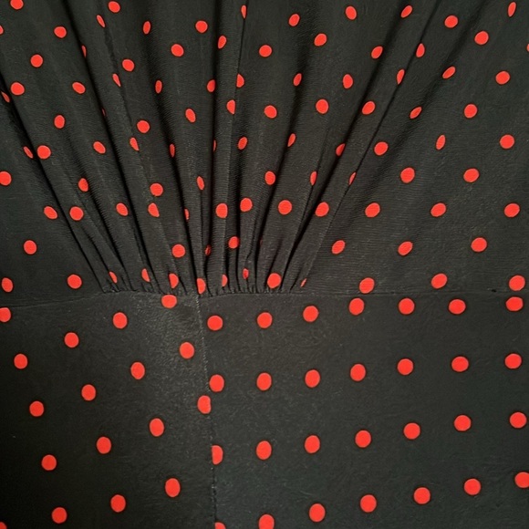 EVAN PICONE Navy Blue/Pink Polka Dot Sleeveless Midi Dress w/Rouching, Sz 8, GUC - Picture 9 of 10